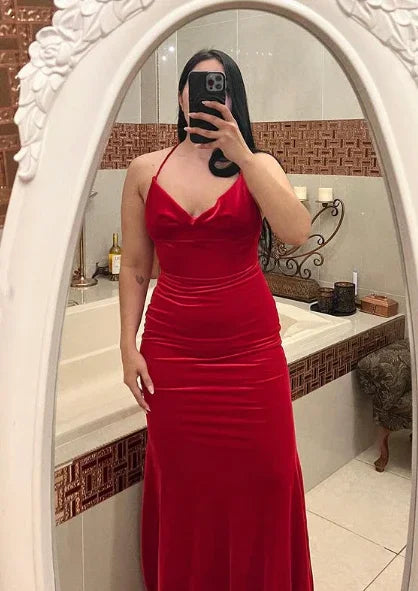 Vestido de noche de terciopelo rojo con tirantes finos rojos, estilo sirena, vestido de gala Y7816