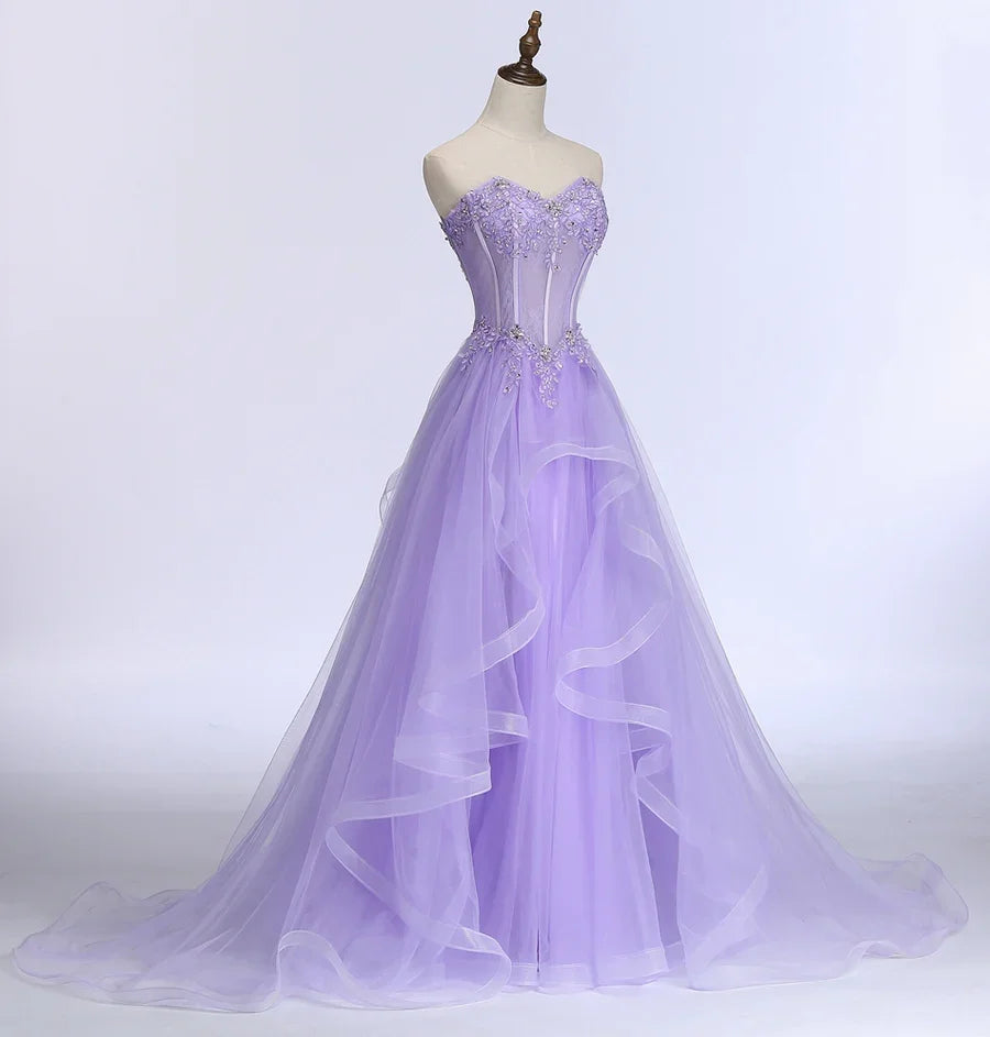 Neues Süßes Bankett Hellviolettes Spitzenlanges Abendkleid Die Braut Elegantes Trägerloses A-Linien Abschlussballformelles Festkleid Y1845
