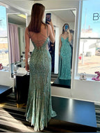 Hermoso vestido de noche verde con tirantes finos, tul y lentejuelas, vestido de baile con abertura Y7919