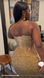 Vestido de noche sirena con apliques de lentejuelas doradas lujosas Y7880