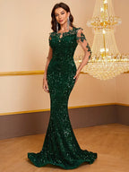 Vestido de fiesta con lentejuelas bordadas en contraste para mujer, dobladillo de sirena con lentejuelas
