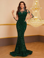 Vestido de fiesta con lentejuelas bordadas en contraste para mujer, dobladillo de sirena con lentejuelas