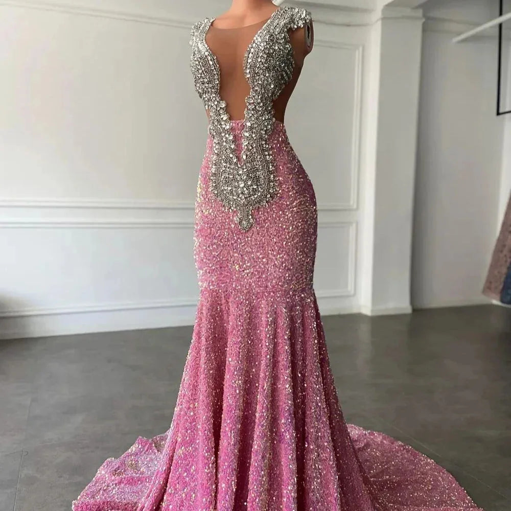 Robes de bal roses étincelantes, robe de soirée sirène rose à paillettes séduisante Y477