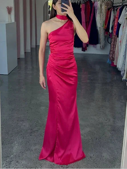 Vestido de Festa Longo Elegante em Cetim Rosa Choque com Um Ombro Só Modelo Y8419