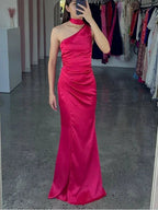 Vestido de Festa Longo Elegante em Cetim Rosa Choque com Um Ombro Só Modelo Y8419