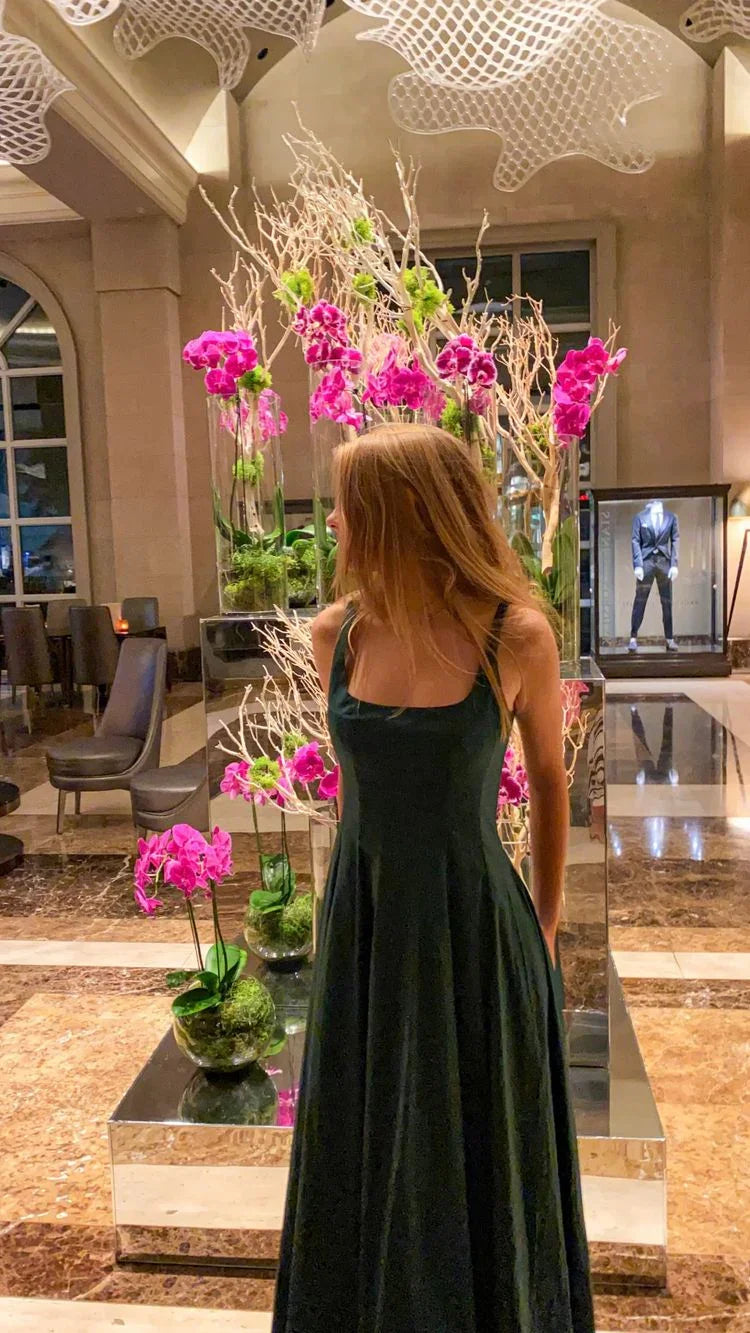 A-line Square Neckline Green Evening Dress Modest Formal Gown Y692
