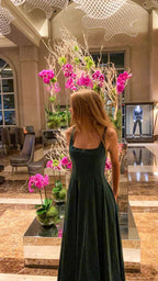 A-line Square Neckline Green Evening Dress Modest Formal Gown Y692