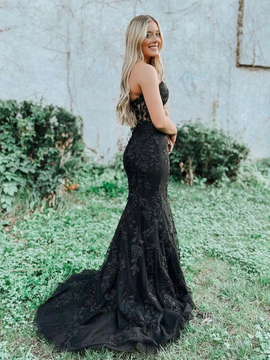Black tulle lace mermaid long prom dress, black tulle lace evening dress Y1788