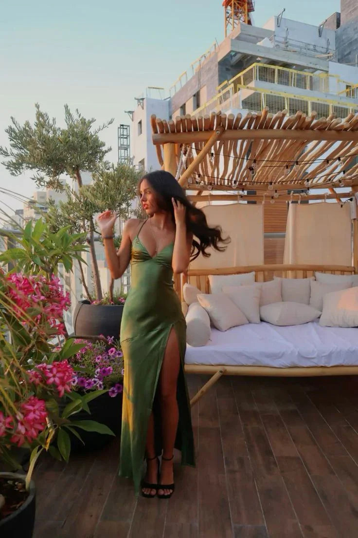 Vestido de Festa Verde com Alças Finas Sensuais, Fenda Longa, Vestido de Noite Y7912