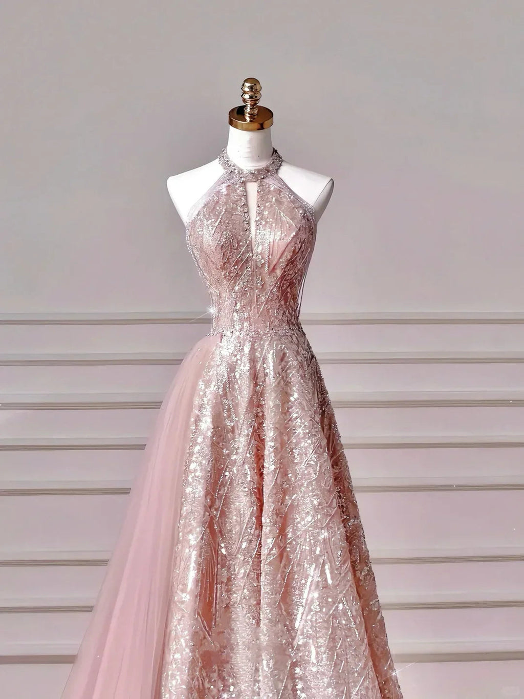 Vestido de Festa Cor-de-Rosa Brilhante com Alças, Lantejoulas e Tule, Corte em A, Modelo Y8608