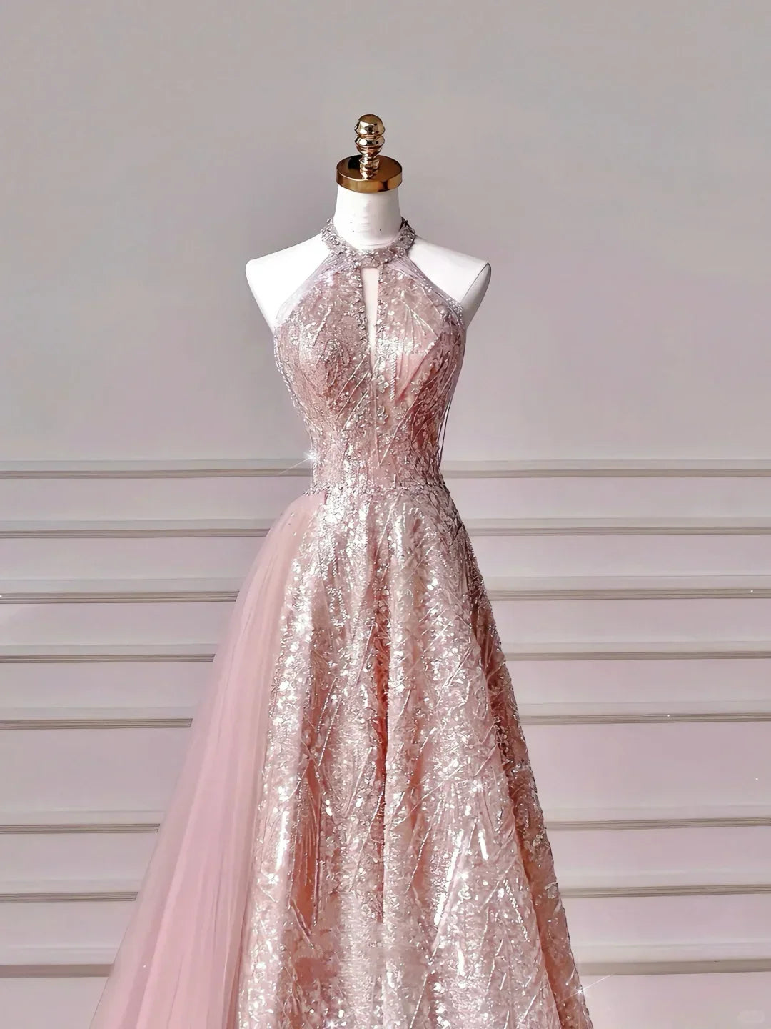 Vestido de Festa Cor-de-Rosa Brilhante com Alças, Lantejoulas e Tule, Corte em A, Modelo Y8608