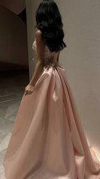 Baby Pink Satin Strapless Saudi Arabia Corset Sparkly Sequins Dubai Evening Dress Formal Party Dress Y4887