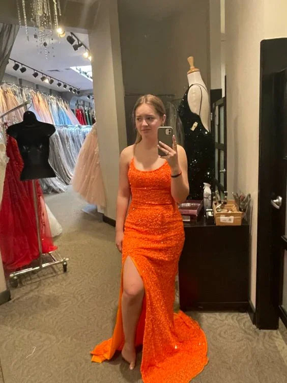 Vestidos de fiesta naranjas brillantes sin mangas con lentejuelas y abertura vestido de noche Y7012