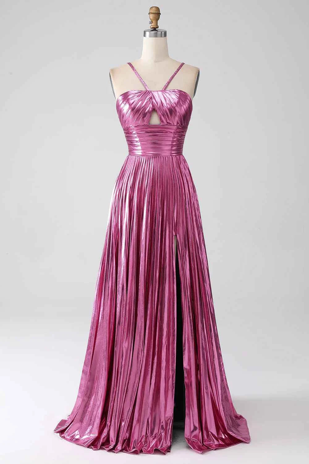 Sparkly Golden A Line Halter Prom Dress With Keyhole Slit