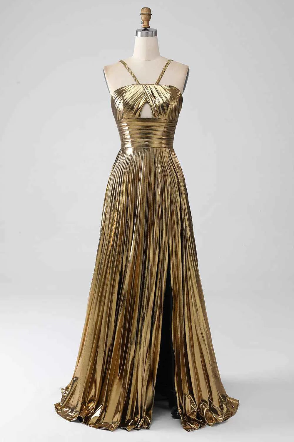 Sparkly Golden A Line Halter Prom Dress With Keyhole Slit