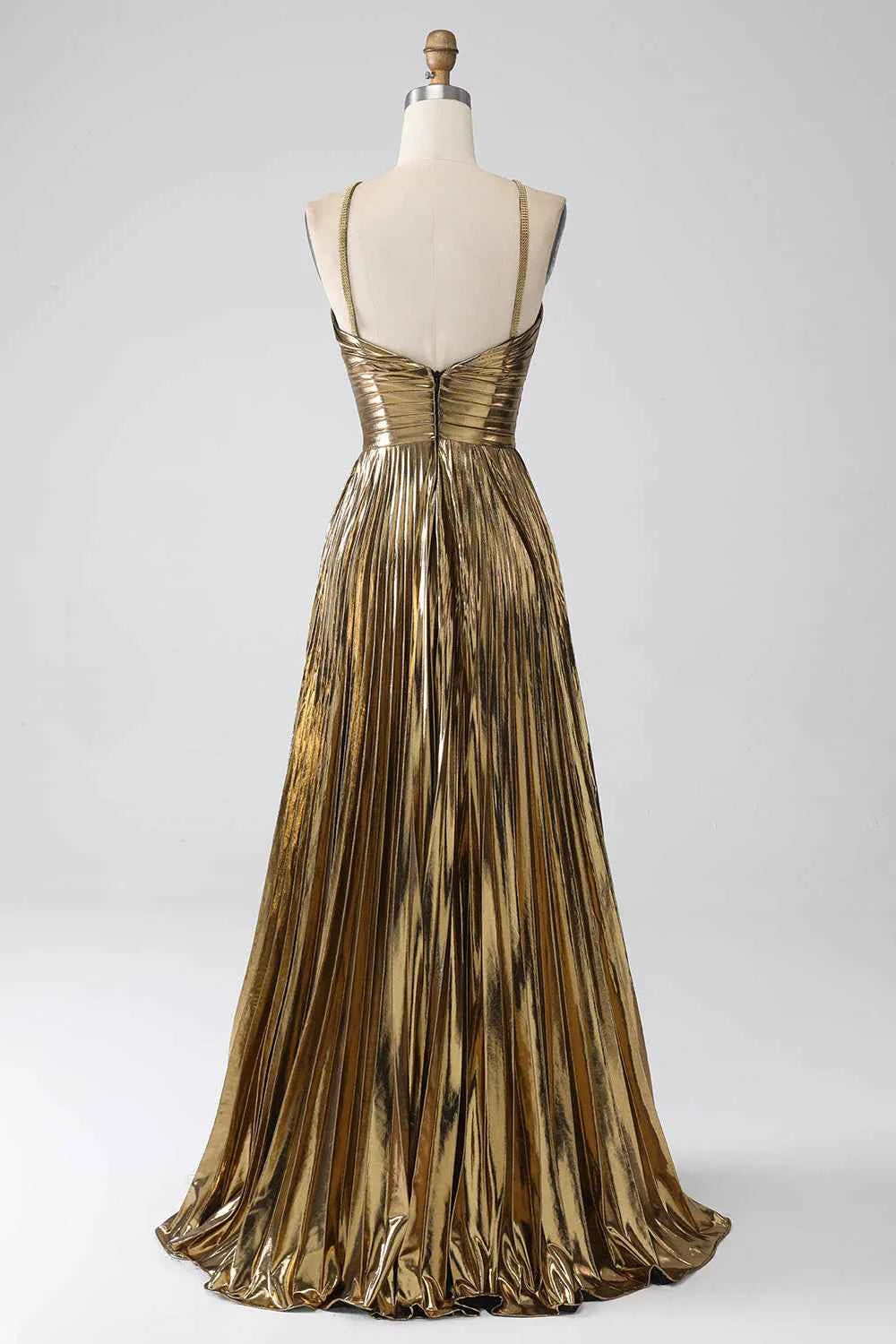 Sparkly Golden A Line Halter Prom Dress With Keyhole Slit