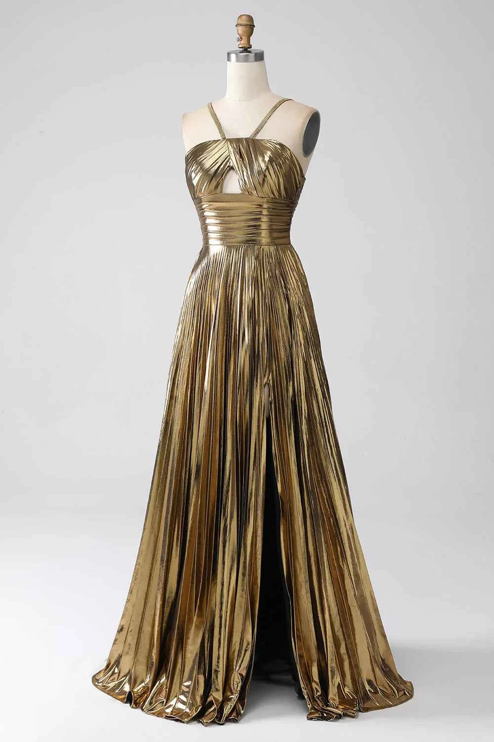 Sparkly A Line Halter Neck Gold Long Prom Dress with Keyhole Slit