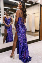 Sparkly Purple Mermaid Spaghetti Straps Sequins Long Prom Dress with Slit