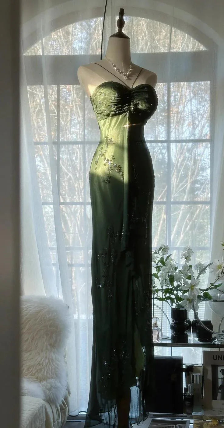 Vestido Vintage Justo Verde Escuro em Cetim com Contas para Baile Vestido Longo de Noite Y8557