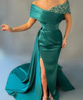 Vestido de Festa Elegante Verde com Lantejoulas de Cetim, Ombros Descobertos, Fenda Longa, Modelo Sereia Y8527