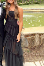 Elegantes A-Linien mehrlagiges Tüllkleid in Schwarz für den Abschlussball, durchsichtiges Korsett langes Abendkleid, Abschlusskleid Y653