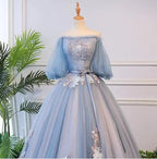 Vestido longo único de renda em tule azul para baile vestido de noite azul S13770