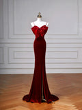 Charming Burgundy Velvet Slit Mermaid Evening Dress Long Prom Dress Y8603