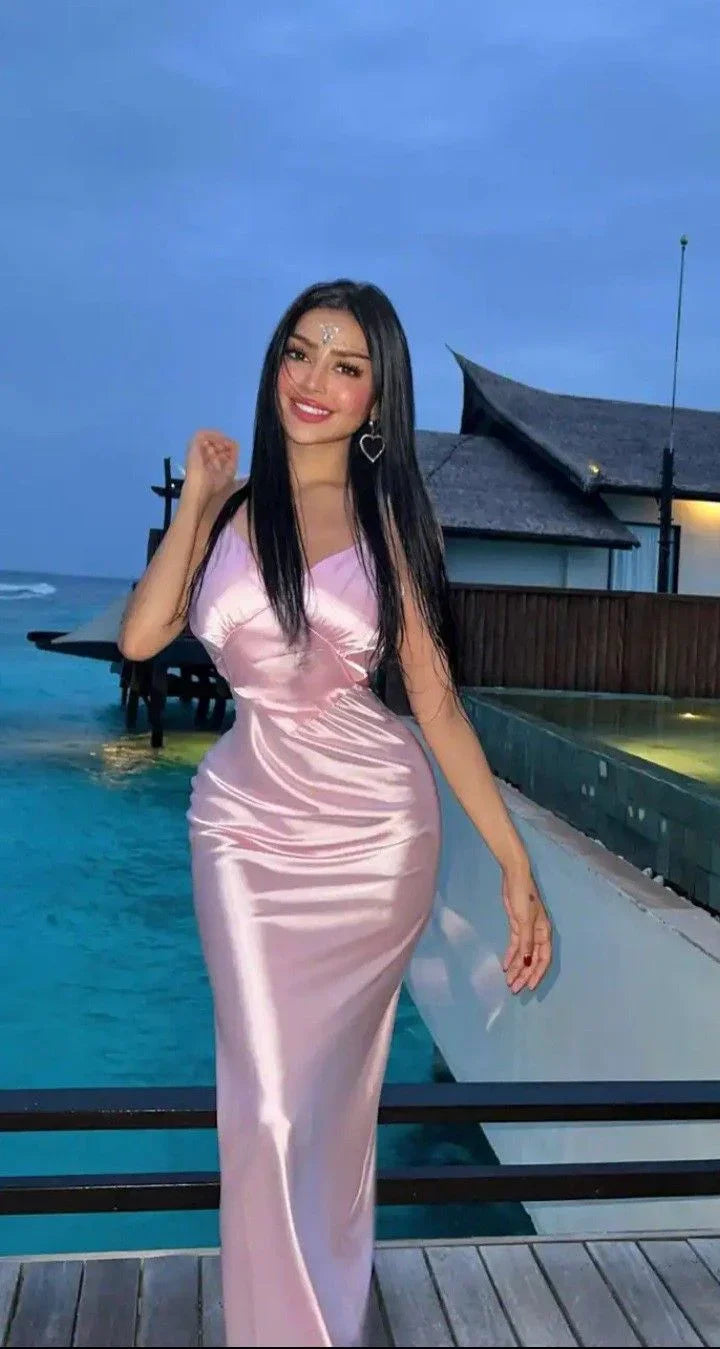 Robe de soirée élégante rose à fines bretelles et col en V, robe de soirée rose Y5663