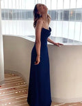 Robe longue de soirée formelle bleu marine à fines bretelles, robe de bal bleue Y74