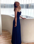 Robe longue de soirée formelle bleu marine à fines bretelles, robe de bal bleue Y74