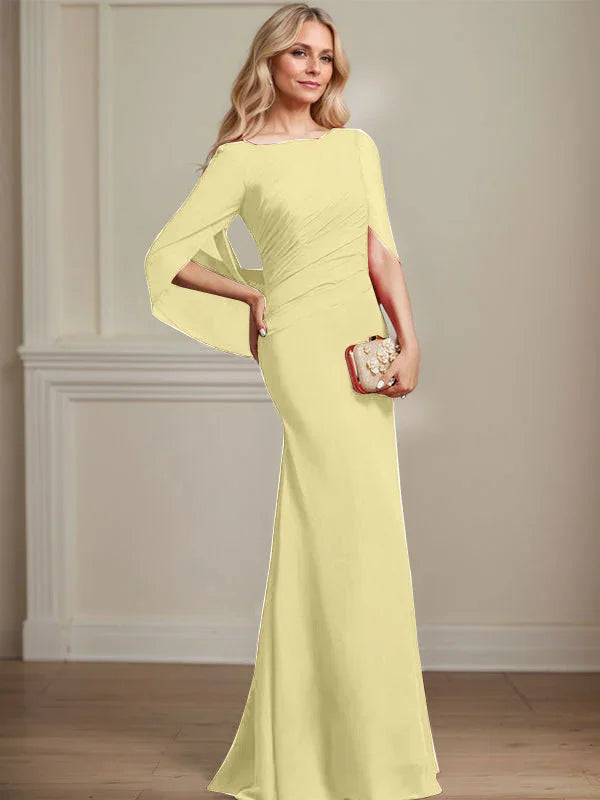 Vestido de madrina de novia de gasa con cuello barco estilo trompeta/cola de sirena y largo hasta el suelo con pliegues