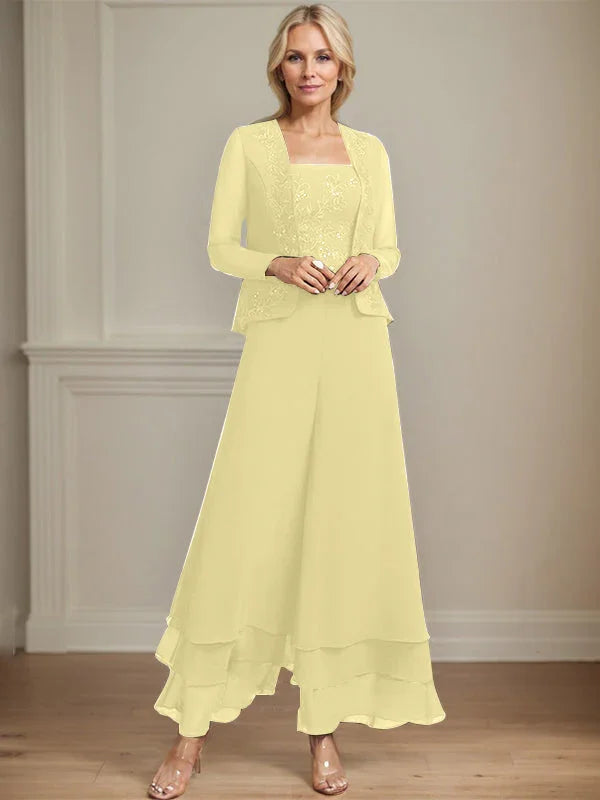 Getrennter Overall/Hosenanzug mit quadratischem Ausschnitt, knöchellang, aus Spitzenchiffon, Brautmutterkleid mit Pailletten