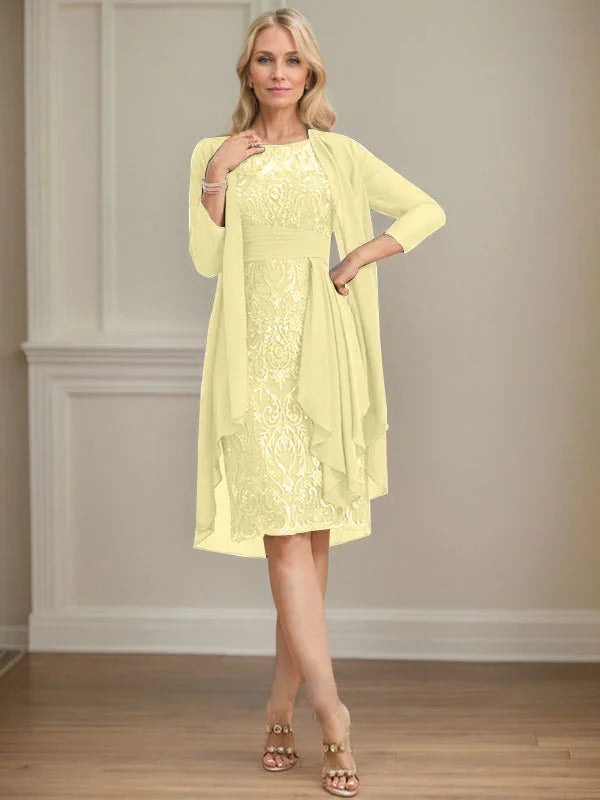 Etui/Säulenförmiges Kleid mit Illusion, knielang, aus Spitze und Chiffon, Brautmutterkleid mit herabfließenden Rüschen und Pailletten