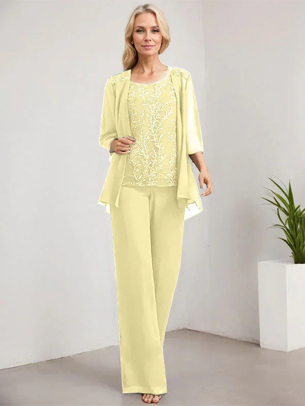 Mono/Pantalón Separado con Escote Redondo, Largo hasta el Suelo, de Encaje y Gasa, Vestido de Madre de la Novia con Lentejuelas