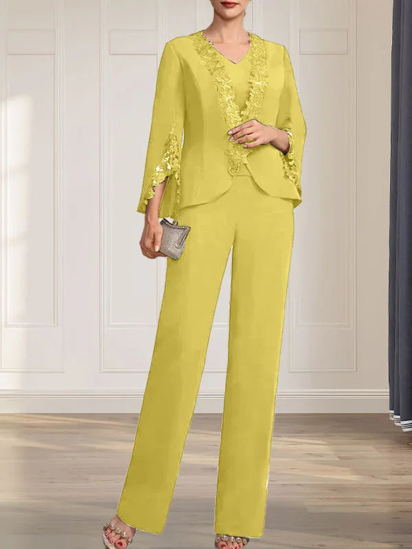 Getrennte Overall/Hosenanzug V-Ausschnitt bodenlanger Chiffon Brautmutterkleid