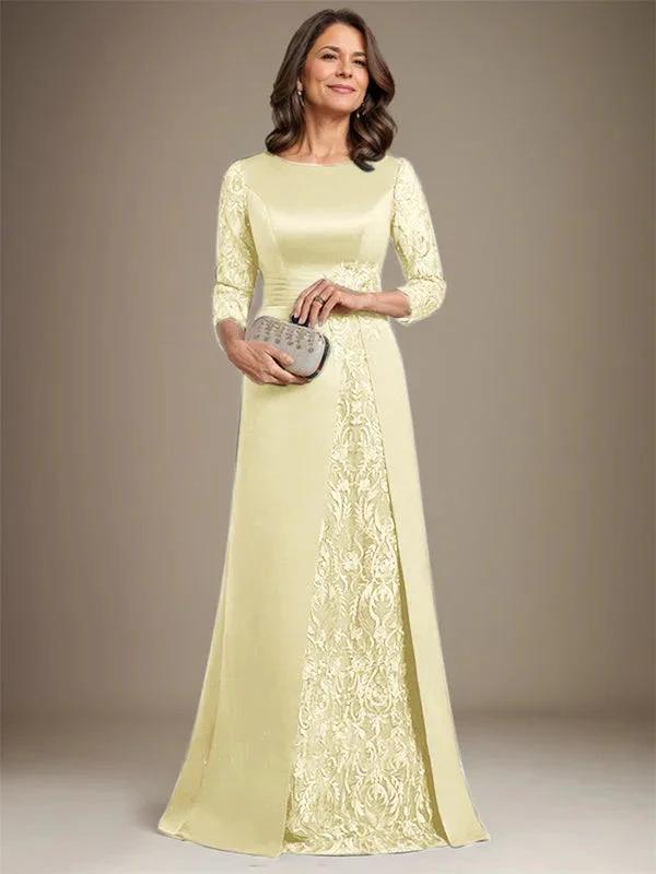 A-Line Scoop Floor-Length Lace Satin Mother Of the Bride Dress With Applique by Dreamylily