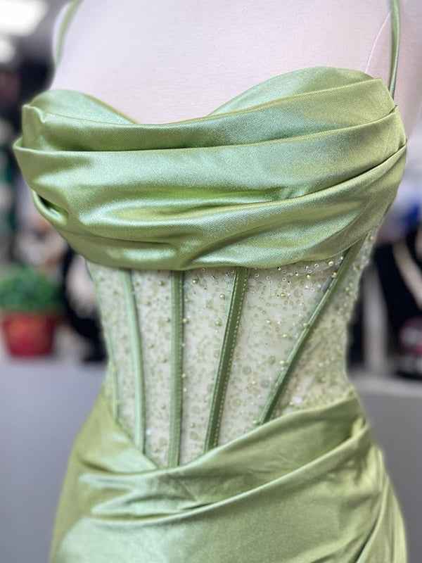 Yellow Satin Mermaid Prom Dress With Scoop Neck Beading Slit