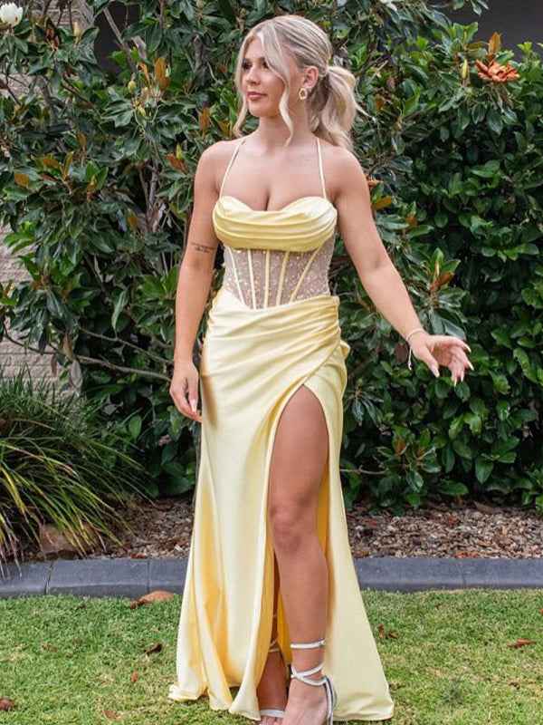 Yellow Satin Mermaid Prom Dress With Scoop Neck Beading Slit