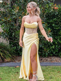 Yellow Satin Mermaid Prom Dress With Scoop Neck Beading Slit