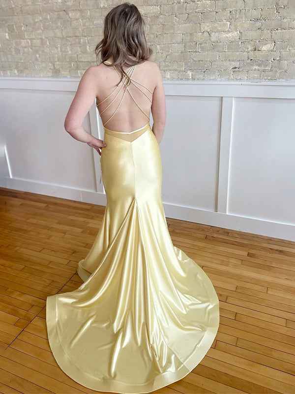 Yellow Mermaid Prom Dress with Crisscross Back Spaghetti Straps
