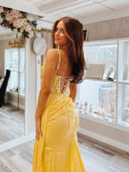 Yellow Satin Mermaid Long Prom Dress With Lace Appliques And Beadwork