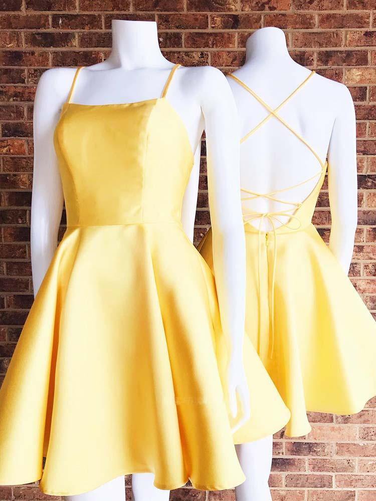 Vestido Amarelo em Linha A para Festa de Regresso a Casa com Bolsos, Vestido Simples para Formatura