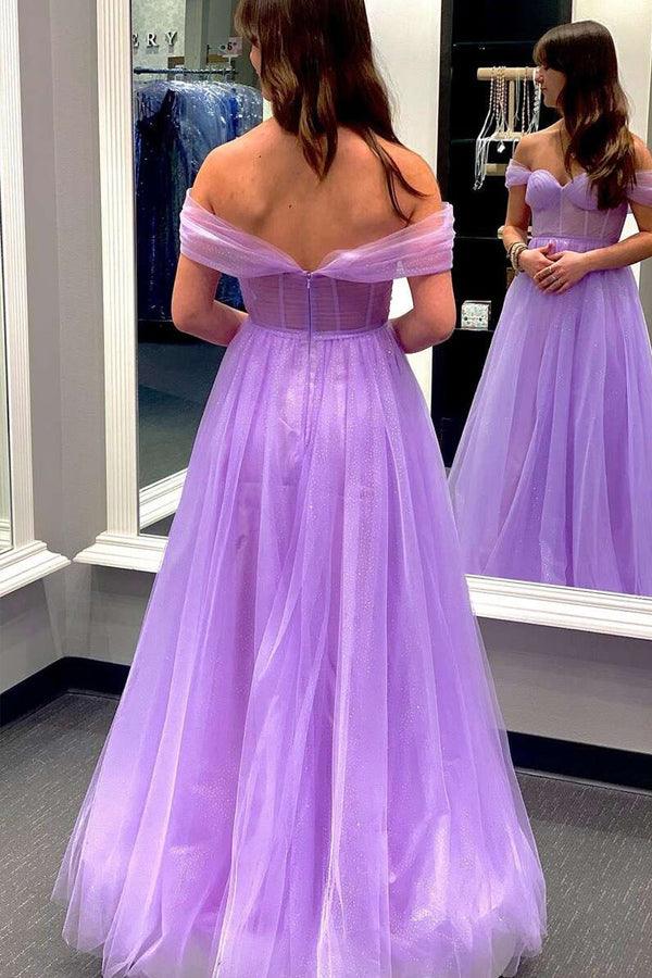 Vestido de baile formal com corpete e saia em linha A de tule, decote ombro a ombro