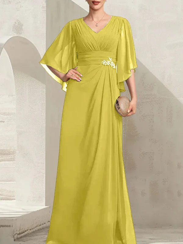 Vestido de madrina de novia de gasa largo hasta el suelo, corte columna y escote en V, con lentejuelas plisadas y abalorios