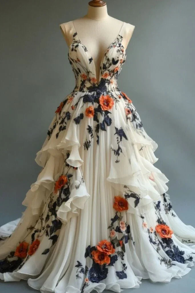 Classy Ivory Chiffon Appliques Long Prom Dress Evening Dress Y8329