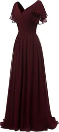 Blätterärmel Brautjungfernkleid V-Ausschnitt Chiffon Lang Festliches Hochzeitsabendkleid Y1206