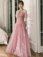 Robe de fête rose, robe de bal à col licou, robe de soirée douce et féerique Y1918