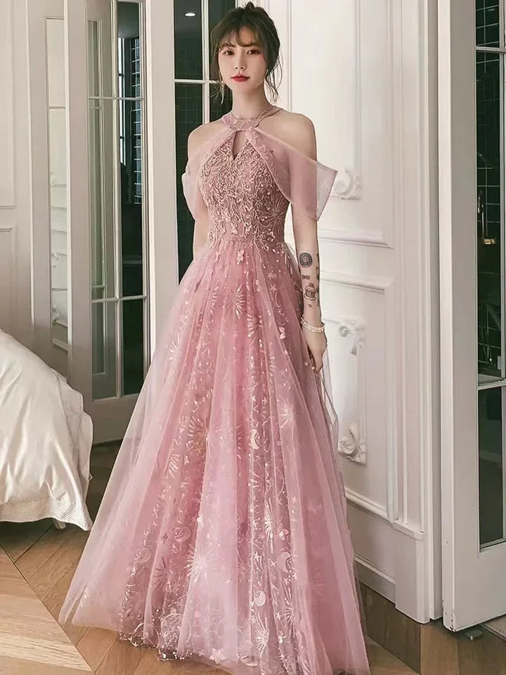 Robe de fête rose, robe de bal à col licou, robe de soirée douce et féerique Y1918