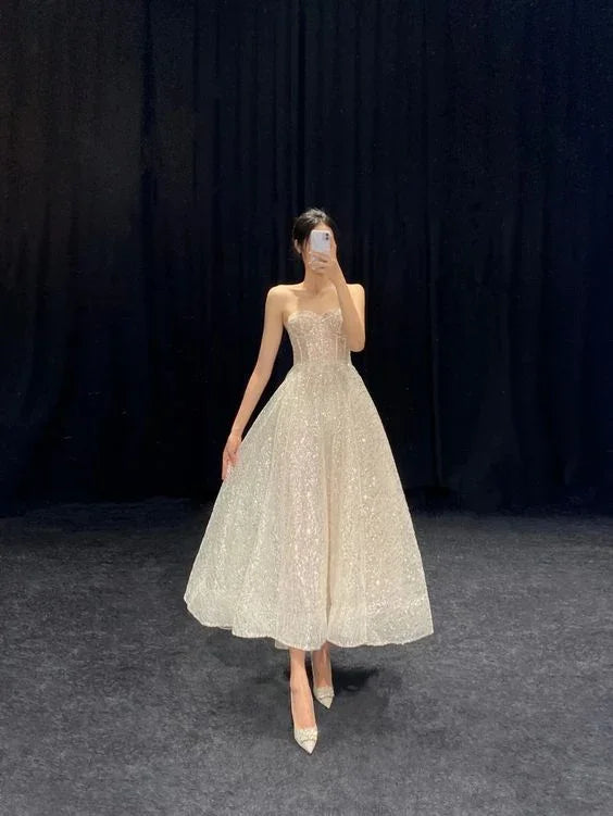 Vestido de fiesta brillante de línea A y largo midi Vestido de gala Y6579
