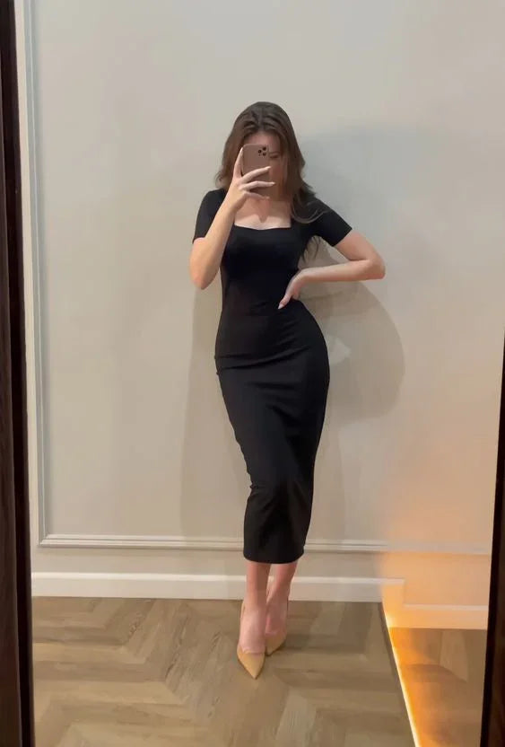 فستان ضيق أسود بأكمام قصيرة فستان سهرة أسود Y5597